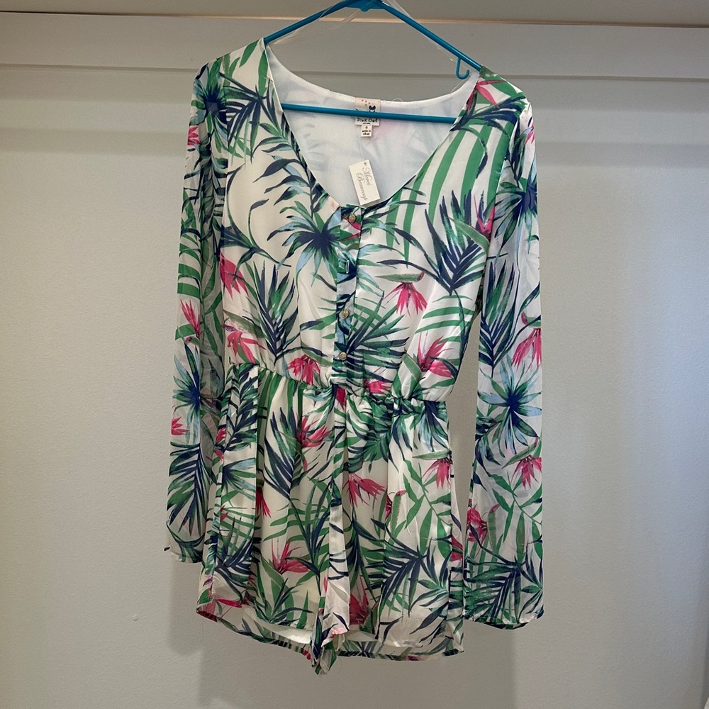 Pink Owl Tropical Print Jumpsuit - Green, Pink, Blue